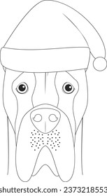 Christmas greeting card for coloring. Great Dane dog with Santa's hat