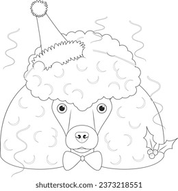 Christmas greeting card for coloring. Poodle dog wearing a party hat