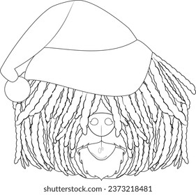 Christmas greeting card for coloring. Puli dog with Santa's hat