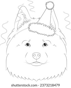 Christmas greeting card for coloring. Samoyed dog wearing a party hat