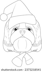 Christmas greeting card for coloring. Shitzu dog with Santa's hat