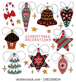 Christmas greeting card with Composition of Festive Elements such as candy cane, star, christmas tree, bow, ribbon, house, heart, bells, icicle.