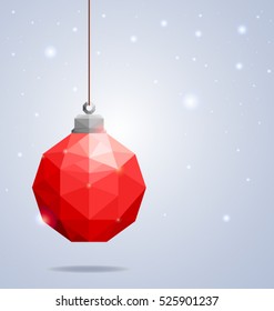 Christmas greeting card concept with red polygonal Christmas ball hanging on winter background-Vector Illustration
