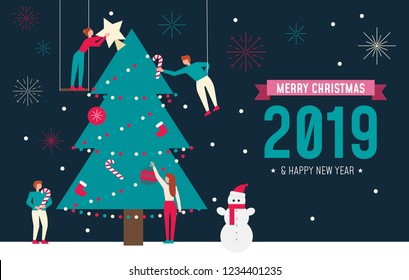 
Christmas greeting card concept. Trendy flat design with small people teamwork decorating Christmas tree. Vector illustration.
