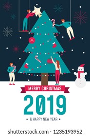 
Christmas greeting card concept. Trendy flat design with small people teamwork decorating Christmas tree. Vector illustration.
