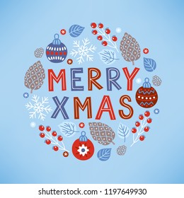 Christmas greeting card with cone, ball, snowflakes, leaves, branch on blue background. Circle ornament. Perfect for winter holidays