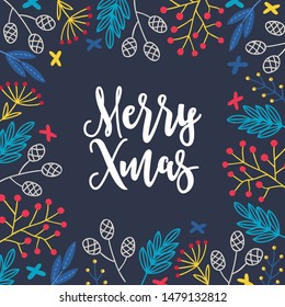 Christmas greeting card with cones, berries, leaves and branches on dark blue background. Holiday frame. Perfect for winter invitation