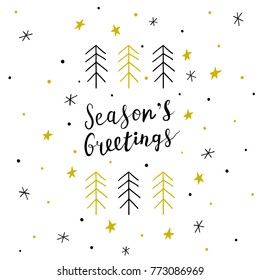 Christmas greeting card with conifer trees and hand written lettering