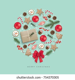 Christmas greeting card with cookies, ribbon, candy cane, Christmas ornaments, gift box, pine cones and fir branches