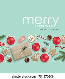 Christmas greeting card with cookies, ribbon, candy cane, Christmas ornaments, gift box, pine cones and fir branches