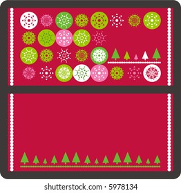 Christmas greeting card cover and back with green, white, pink snowflakes, Christmas trees and copy space in vector format on red background