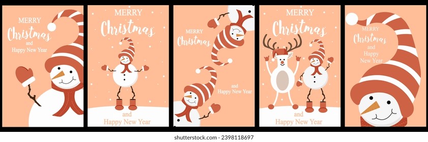 Diseño de la cubierta de la tarjeta de felicitación de Navidad. El fondo de navidad de Peach fuzz con el caricaturista Snowman. Plantilla de banner de XMAS. La ilustración vectorial puede ser utilizada en el sitio web, folleto, afiche, medios sociales e impresos.