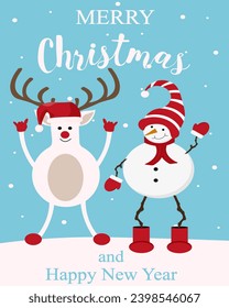 Christmas greeting card cover design. Christmas background with Cartoon Snowman in cute hat. XMAS banner template. Vector illustration can used web site, brochure, poster, social media and print.
