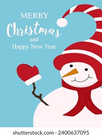 Christmas greeting card cover design. Christmas background with Cartoon Snowman in cute hat. XMAS banner template. Vector illustration can used web site, brochure, poster, social media and print.