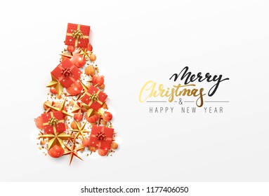 Christmas greeting card. Creative composition in shape Xmas tree, with elegant stars and baubles balls, boxes gift.