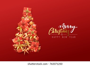 Christmas greeting card. Creative composition in shape Xmas tree, with elegant stars and baubles balls, boxes gift.