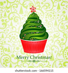 Christmas Greeting Card. Christmas Cupcake With  Christmas Tree. Vector Illustration