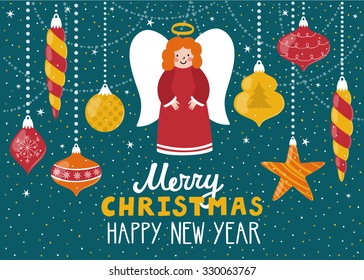 Christmas greeting card with cute angel and Christmas ornaments. Beautiful holiday background in cartoon style. Winter childish background.