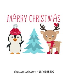 Christmas greeting card with cute animals. Funny deer and penguin congratulate on the holiday. Childrens cartoon characters. Vector flat illustration.