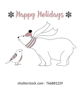 Christmas greeting card with cute animals: bear and bird. Handdrawn illustration with greeting words