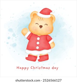 Christmas greeting card with cute baer in watercolor style.