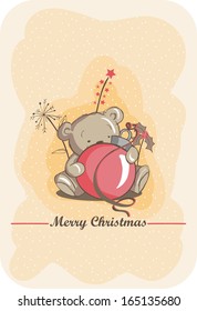 Christmas greeting card - Cute bear and red bulb
