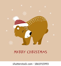 Christmas greeting card with cute bear in hat. Vector illustration.