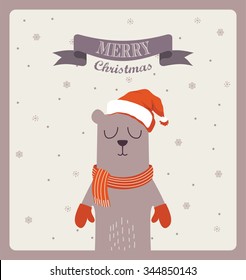 Christmas greeting card. cute bear  with scarf and gloves