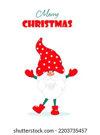 Christmas greeting card with a cute bearded gnome. Winter holiday character. Vector illustration in flat style. Merry Christmas.