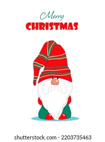 Christmas greeting card with a cute bearded gnome. Winter holiday character. Vector illustration in flat style. Merry Christmas.