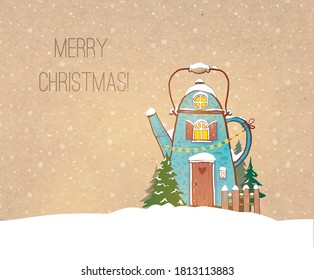 Christmas greeting card with cute blue house in shape of teapot on craft paper background