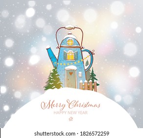 Christmas greeting card with cute blue house in shape of teapot on white glowing background