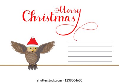 Christmas Greeting card with cute brown owl wear red hat on white background. Lettering calligraphic hand written text Merry Christmas.