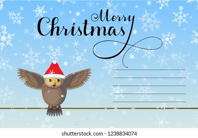 Christmas Greeting card with cute brown owl wear red hat on blue background with snowflakes. Lettering calligraphic hand written text Merry Christmas.