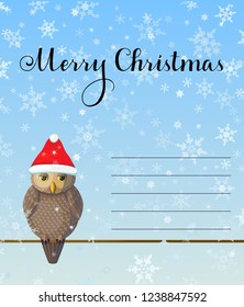 Christmas Greeting card with cute brown owl wear red hat on blue background with snowflakes. Lettering calligraphic hand written text Merry Christmas.