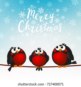 Christmas greeting card with cute bullfinches
