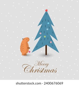Christmas greeting card with cute capybara and Xmas tree. Vector illustration