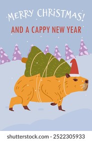 Christmas greeting card with cute capybara in Santa's hat carries tied Christmas tree on it's back flat vector illustration.