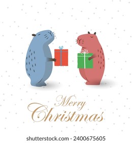 Christmas greeting card with cute capybaras. Vector illustration