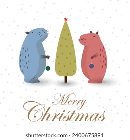 Christmas greeting card with cute capybaras and tree. Vector illustration