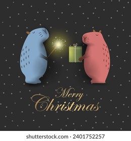 Christmas greeting card cute capybaras with sparkler and present box. Vector illustration