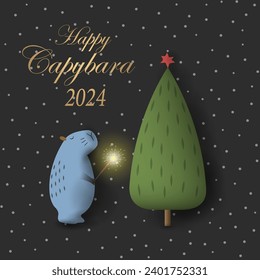 Christmas greeting card cute capybaras with sparkler under Xmas tree . Vector illustration