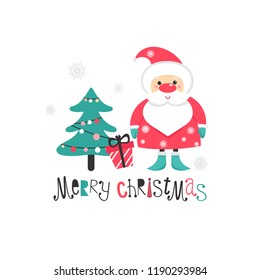 Christmas greeting card with cute cartoon Santa Claus, Christmas tree and gift with inscription - happy birthday. Vector background for holiday.