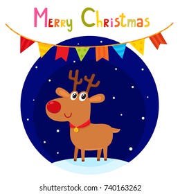Christmas greeting card with cute cartoon reindeer. Cartoon vector animal characters - symbol of New Year used for poster, banner, postcard, greeting card design