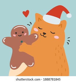 Christmas greeting card with cute cat and gingerbread man. Childish Cartoon vector illustration. Happy New Year postcard.