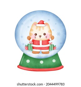 Christmas greeting card with cute cat in watercolor style.