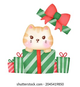 Christmas greeting card with cute cat in watercolor style.