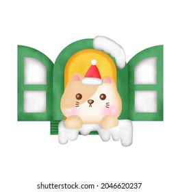 Christmas greeting card with cute cat in watercolor style.