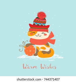 Christmas greeting card with cute cat wearing a red hat and scarf.