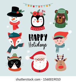 Christmas greeting card with cute characters and hand lettering